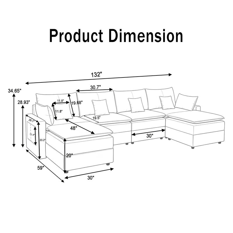 Glocep U Shaped Couch 132" Cloud Modular Sectional image number 5