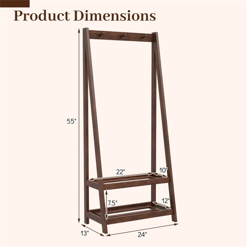 Freestanding Wood Coat Rack with A Frame Design 3 Hooks and 2 Shelves image number 2