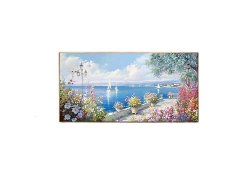 Large Coastal Wall Art Ocean Seascape Canvas Yellow Green Flowers Landscape Room