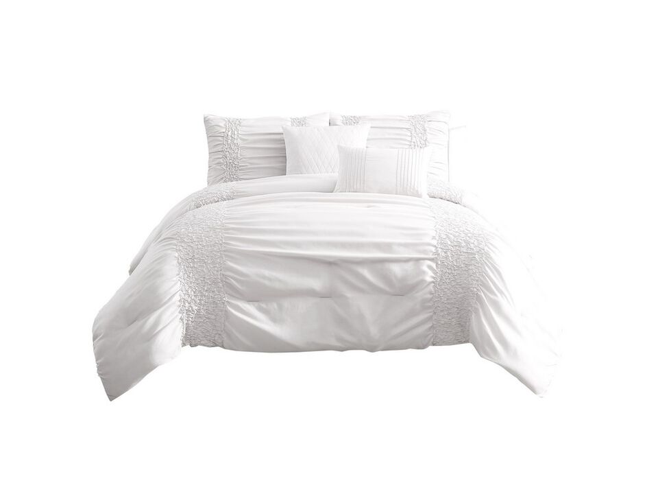 4 Piece Twin Comforter Set with Ruching Details, White - Benzara