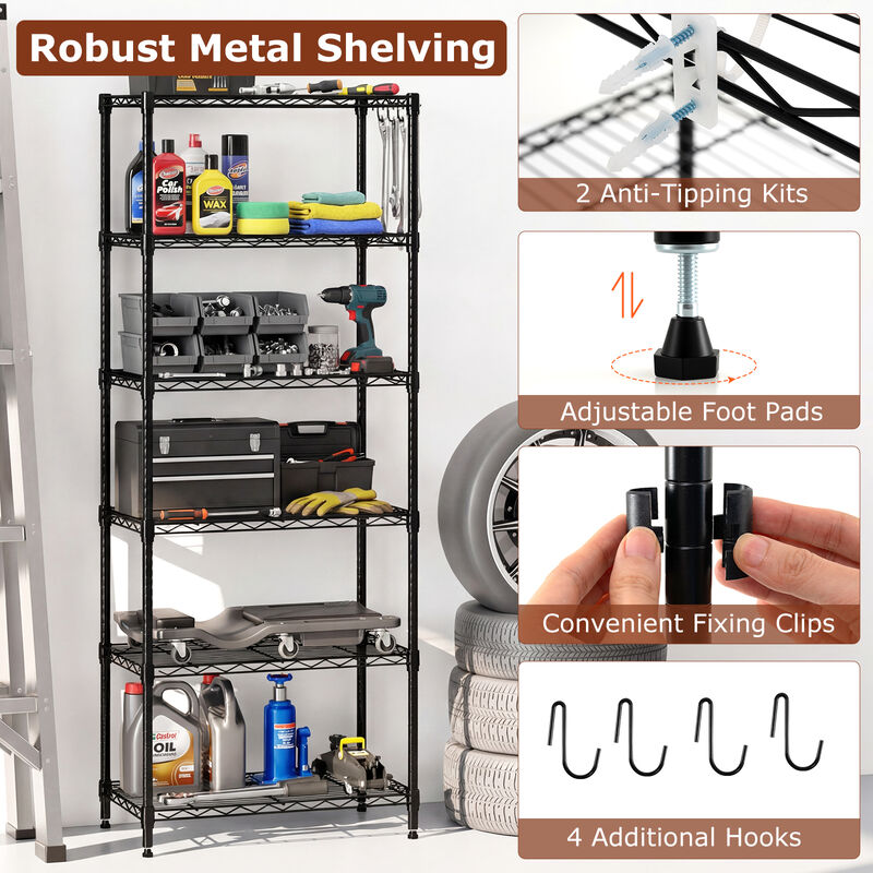 2 Pack 6 Tier Metal Storage Racks with V Shaped Wire Shelves for Pantry-Black image number 8