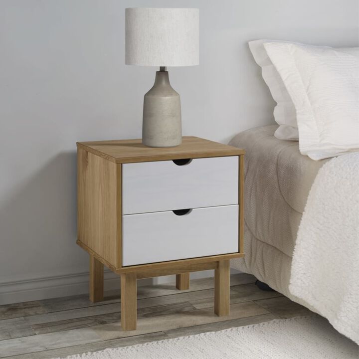 vidaXL OTTA Bedside Cabinet in Brown & White - Two-Drawer Solid Pinewood Nightstand/Side Cabinet - Scandinavian Design, Easy AssemblyIncluded, Spacious Storage - 18.1"x15.6"x22.4" Size