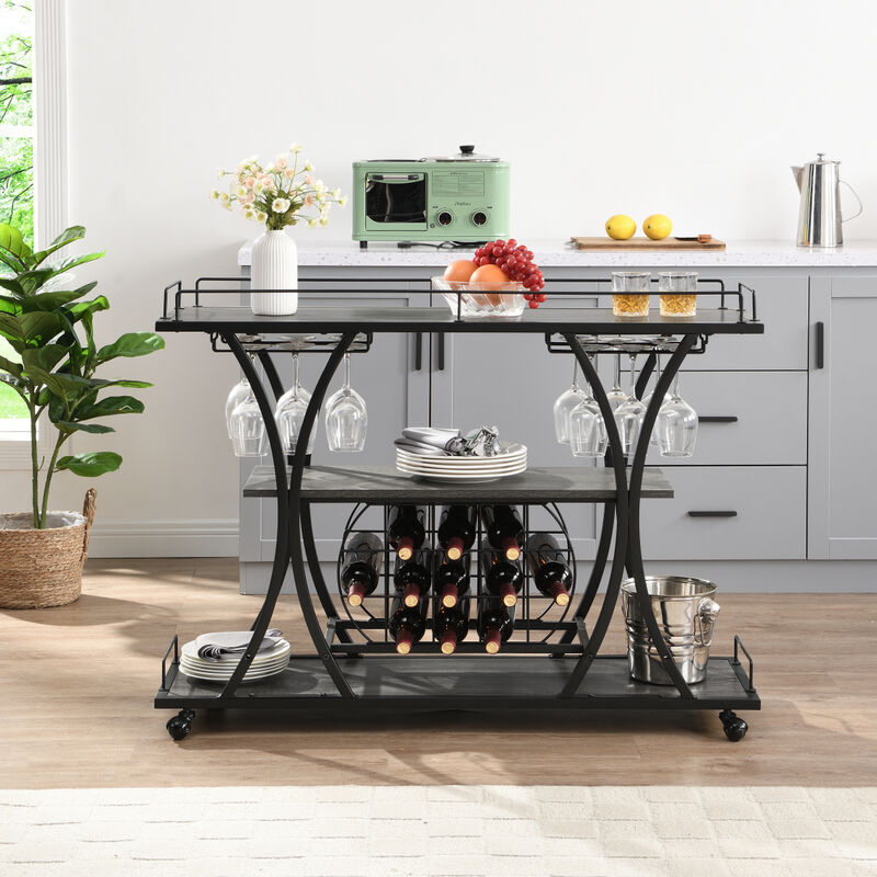 Industrial Bar Cart Kitchen Bar Serving Cart for Home with Wheels 3 -Tier Storage Shelves