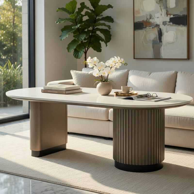 Jeh Coffee Table, 55 Inch White Oval Top, Dual Pedestal Base, Oak Brown image number 8