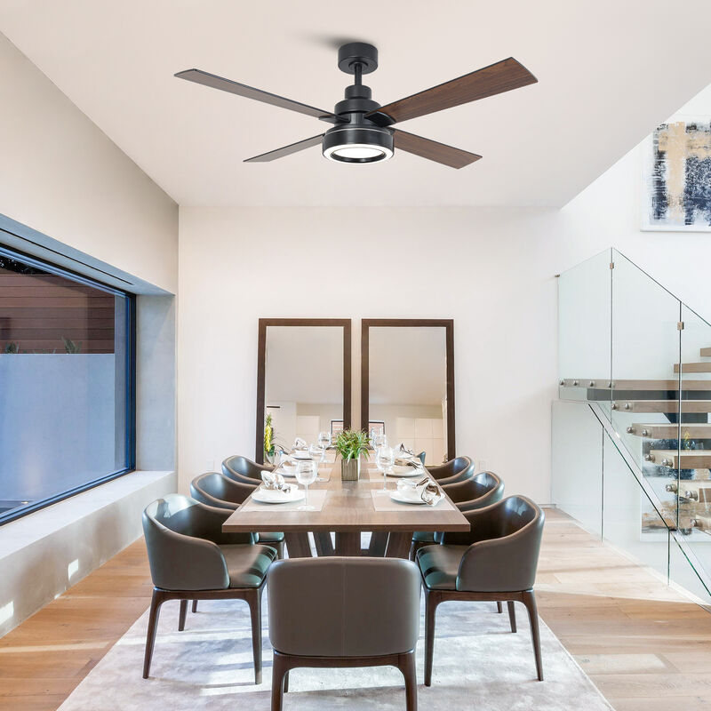 52" Modern Black Reversible 4-Blade Ceiling Fan with Light and Remote
