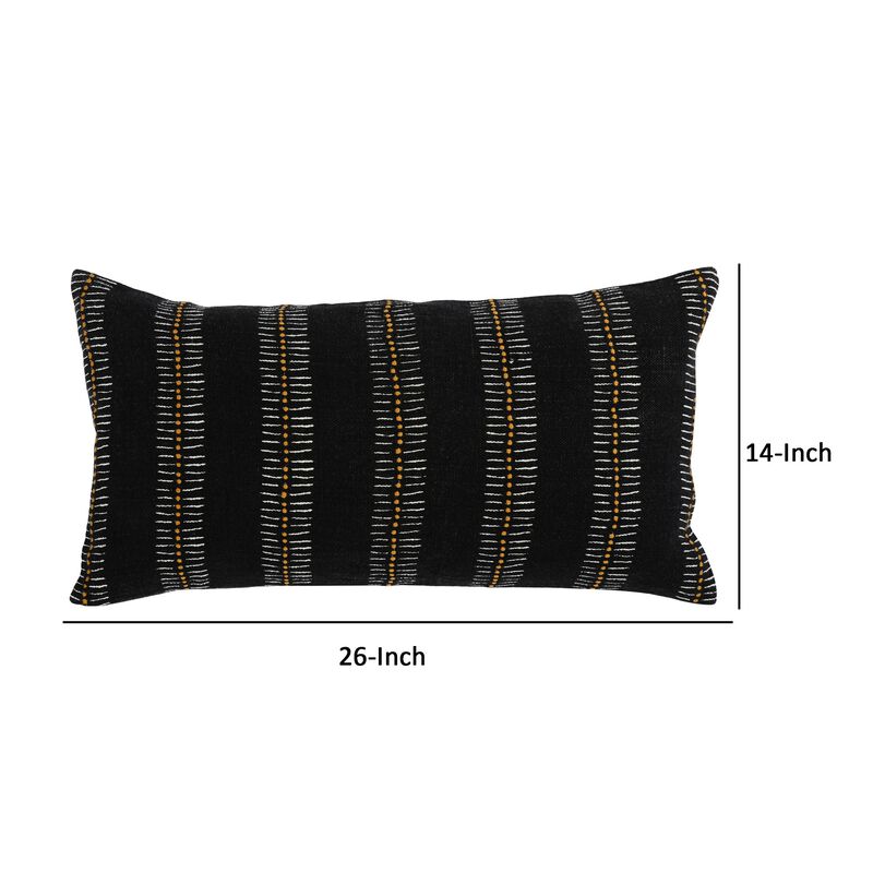 14 x 26 Lumbar Accent Throw Pillow, Hand Screen Print in Gold, Black Linen-Benzara