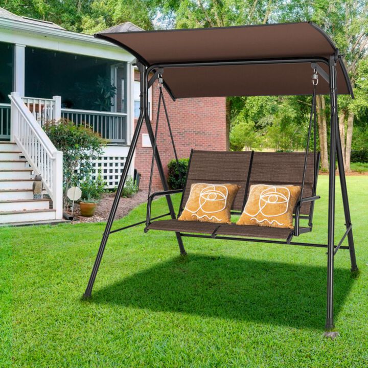 Hivvago 2 Person Porch Swing with Adjustable Canopy and Padded Seat-Brown