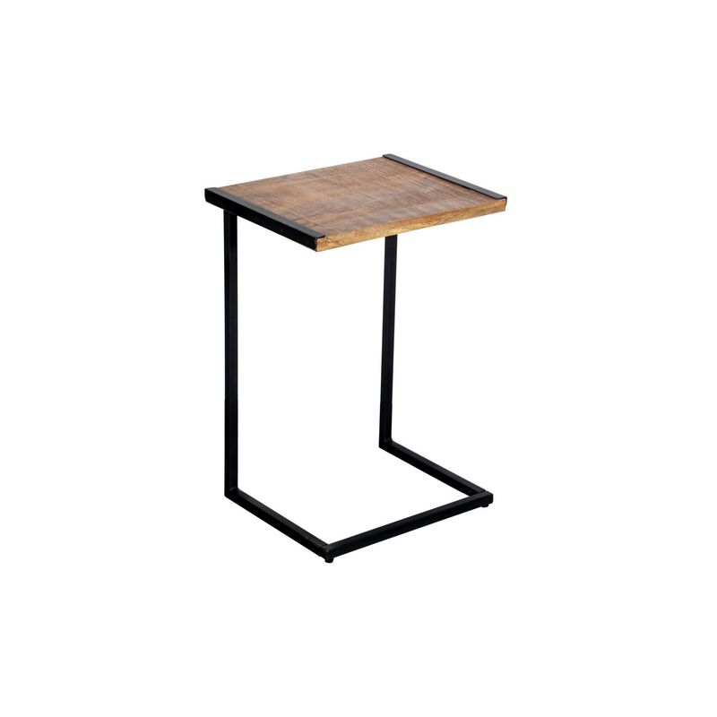 C Shape Mango Wood Sofa side End Table with Metal Cantilever Base, Brown and Black-Benzara