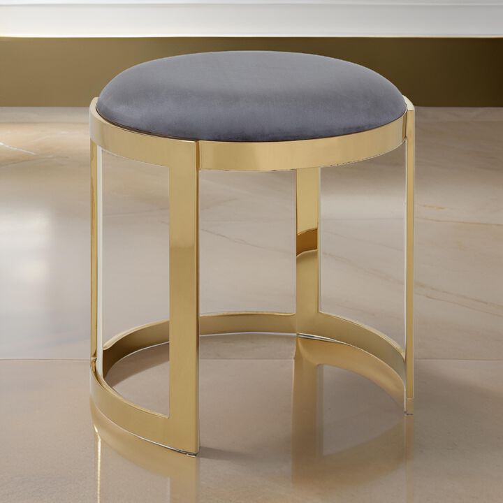 Niyo 19 Inch Accent Stool Ottoman, Round Cushioned Gray Velvet Seat, Gold