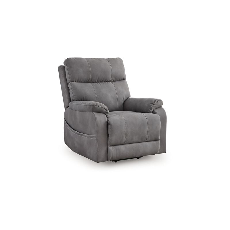 Corbin Power Lift Recliner Chair, Gray Faux Leather, Pillow Top Arms - Benzara