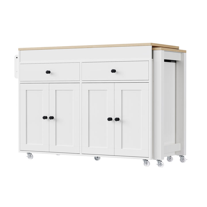Whisen 74.5" Kitchen Island with Extendable Table, 2 Drawers & Wheels, Particle Board & MDF for Kitchen & Dining Room