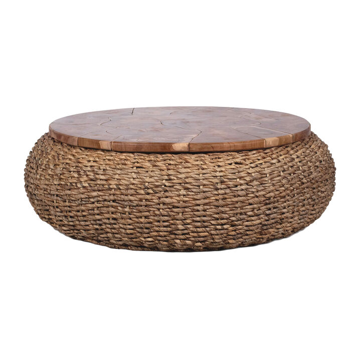 Jyra 47 Inch Round Coffee Table, Teak Wood Mosaic Top, Woven Banana Leaf Base, Natural Brown