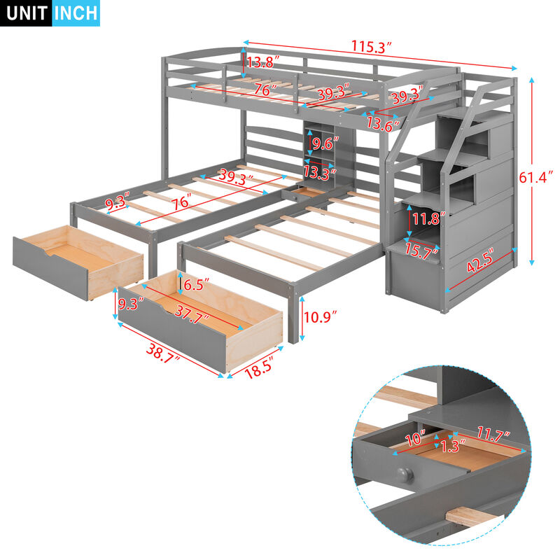 Merax Triple Bunk Bed with Multi-Layer Storage Drawers, Shelves & Storage Staircase image number 4
