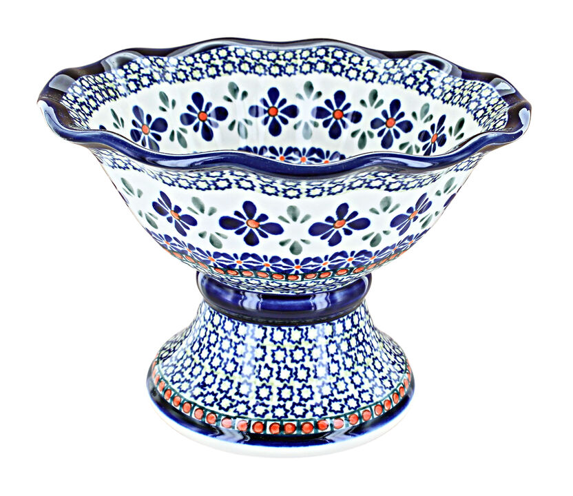 Blue Rose Polish Pottery Peacock Small Pedestal Fruit Bowl