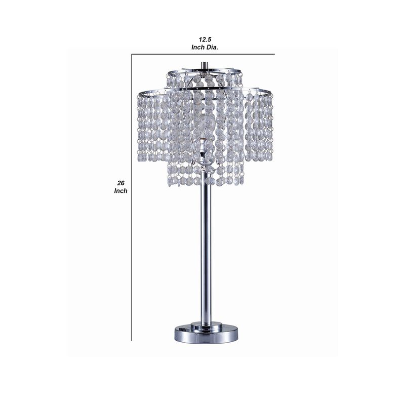 Metal Table Lamp with Hanging Acrylic Beads and USB Plugin, Silver - Benzara