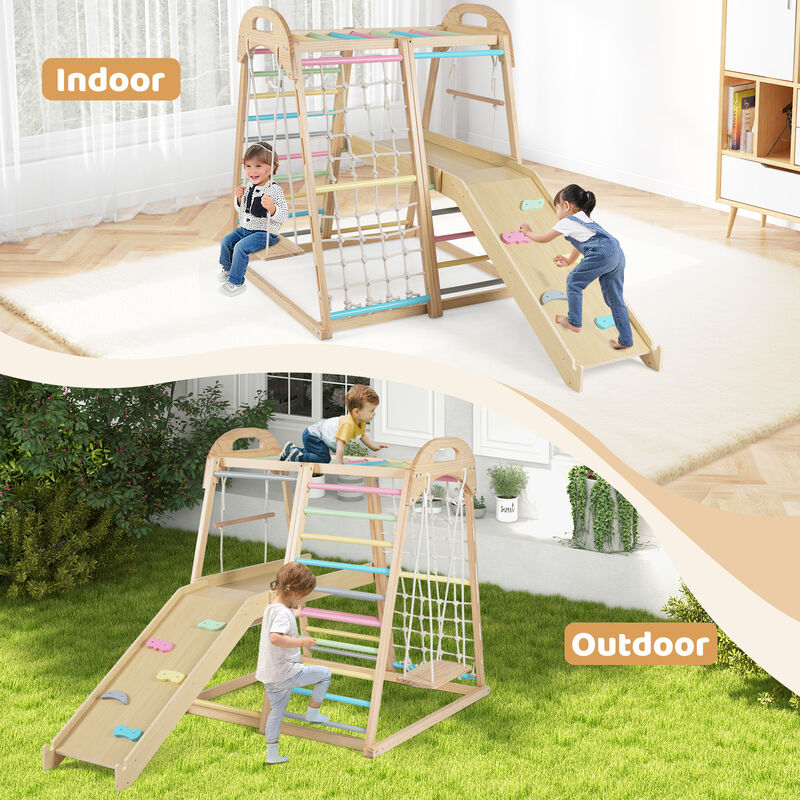 8-in-1 Kids Jungle Gym Montessori Wooden Playset with Slide & Monkey Bar Ages 3-5 Years image number 3