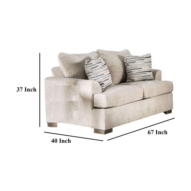 Lewis Loveseat with 2 Accent PIllows, 67 Inch, Cream Fabric - Benzara image number 4