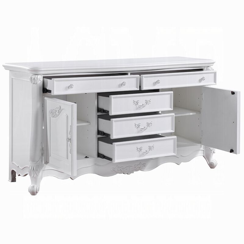 Maver Wide Dresser Chest with 6 Drawers, 2 Doors, Classic White Wood - Benzara