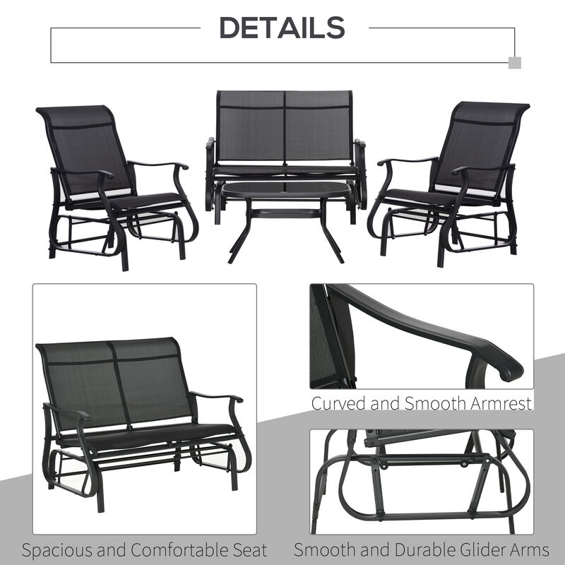 Outsunny 4 Pieces Gliders Set, Outdoor Furniture Sets with 2-Person Glider Patio Bench, Single Sling Chair and Glass Coffee Table for Backyard, Lawn and Garden, Black