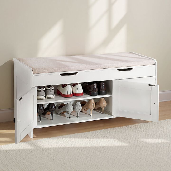 Entryway Bench with Shoe Storage, 3 Door Cabinets and Height Adjustable Shelf