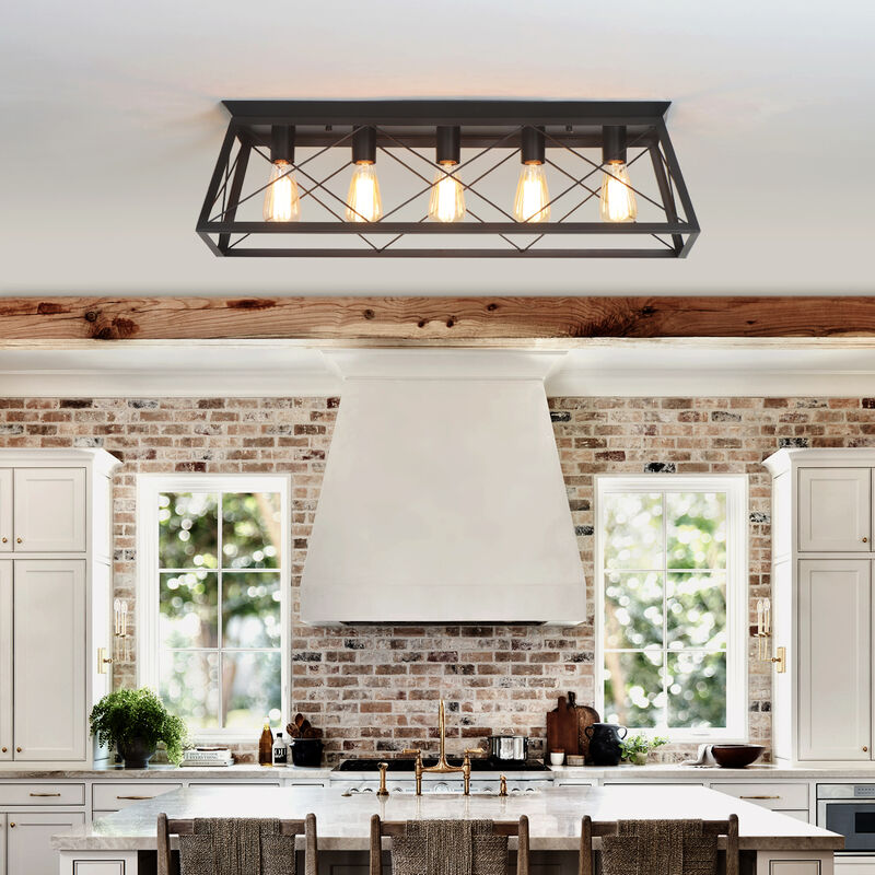 5-Light Flush Mount Lighting Rectangular Farmhouse Caged Low Ceiling Light image number 2