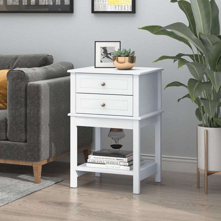 Modern Sofa Side Table with 2 Storage Drawers, End Table with Bottom Shelf for Living Room, Bedroom, White