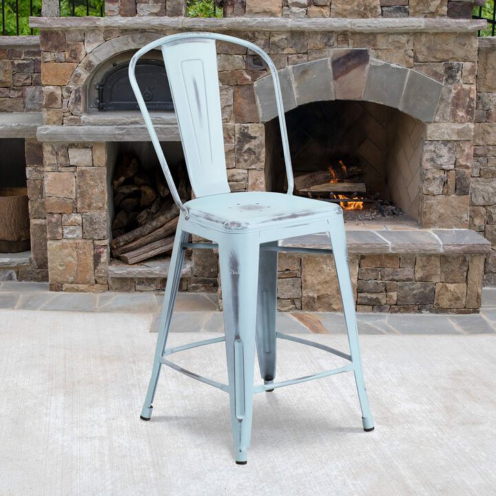 Flash Furniture Carly Commercial Grade 24" High Distressed Green-Blue Metal Indoor-Outdoor Counter Height Stool with Back