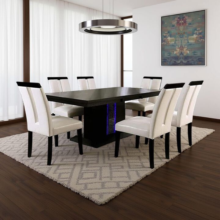Pyn 7pc Dining Table and Chair Set, Black Wood, Beige Faux Leather - Benzara