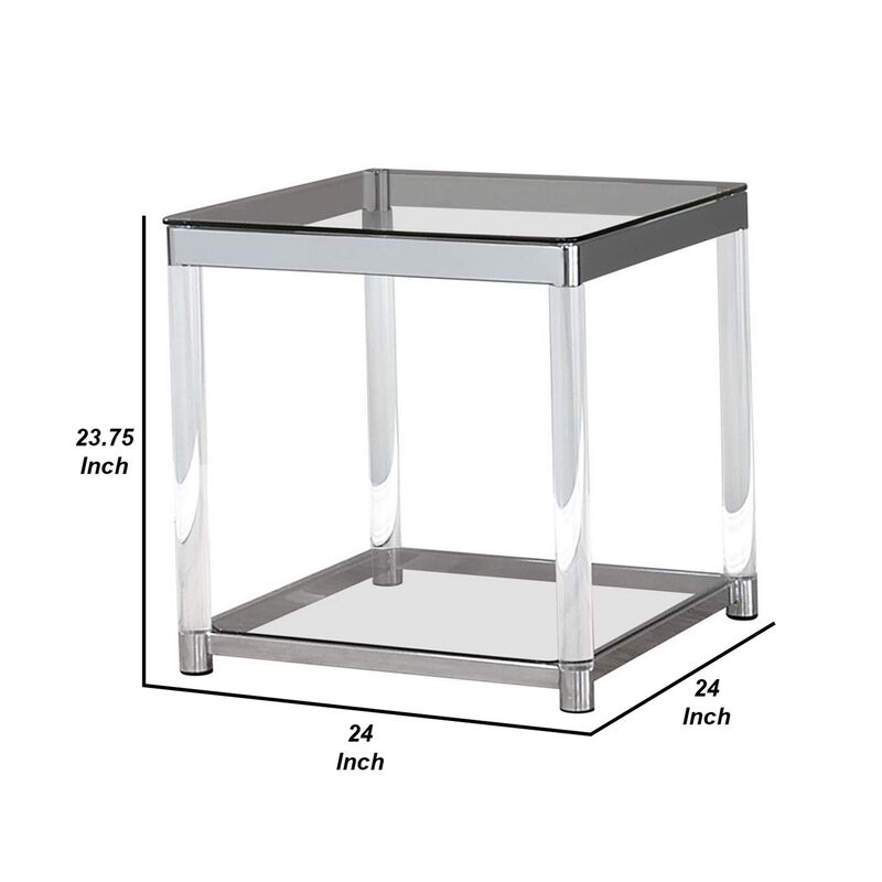 Contemporary Coffee Table With Tempered Glass Top & Chrome Silver Legs, Clear-Benzara