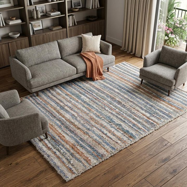 HomeRoots 8' X 10' Ivory and Blue Striped Power Loom Area Rug