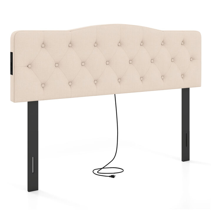 Upholstered Tufted Headboard for Full and Queen Beds with 2 Power Outlets