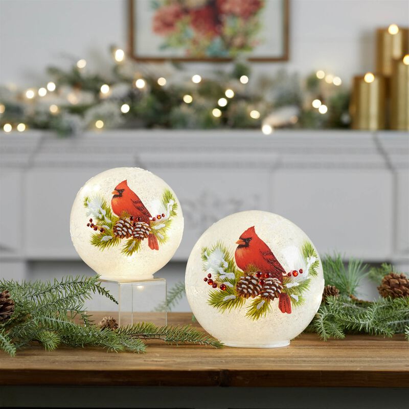 Set of 2 LED Lighted Cardinal Pine Globes – Winter Snow Globe Decor with Birds and Pine for Christmas Centerpieces or Shelf Styling