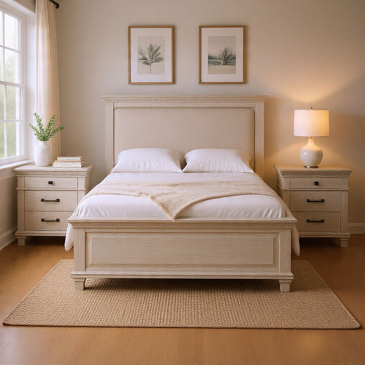 Queen Bedroom Set, Gray, Cream Wood, 3 Piece Set with 2 Nightstands