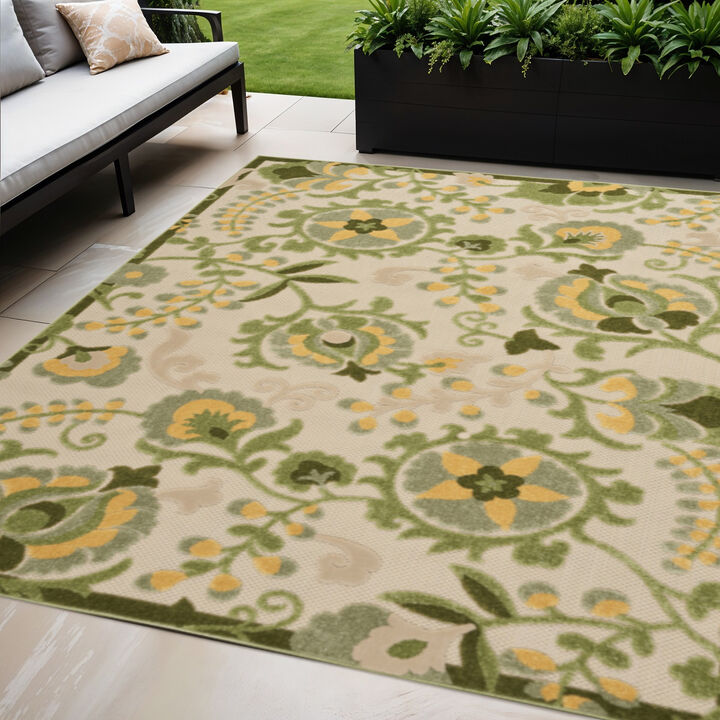 HomeRoots 5' X 8' Ivory Green And Yellow Floral Indoor Outdoor Area Rug
