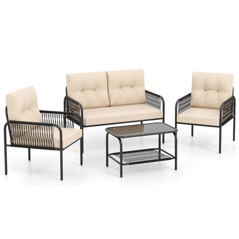 Patio Conversation Set &ndash; 4-Piece PE Wicker Sofa Set with Cushions and Table