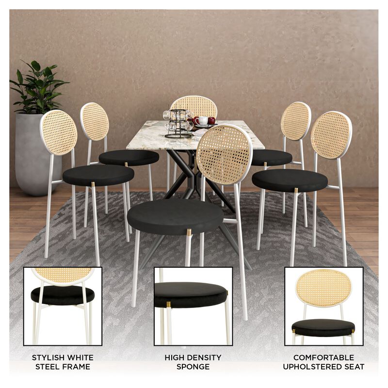 LeisureMod Velvet Dining Chair Rattan Back Side Chair Comfortable Kitchen Chair with Stainless Steel Base Euston Collection
