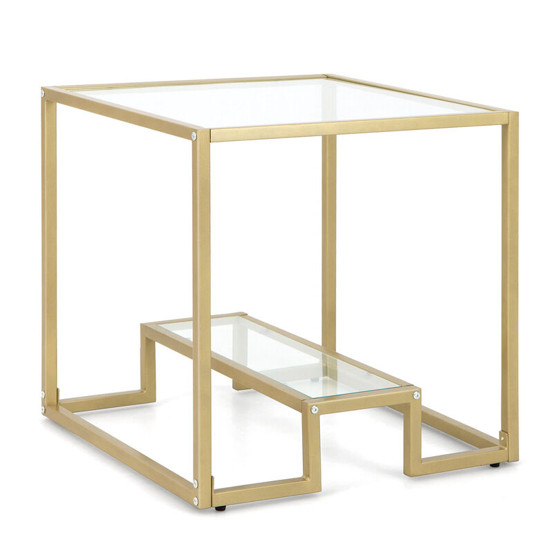 22 Inch 2-Tier Square Sofa Side Table with Tempered Glass Tabletop-Bronze image number 1