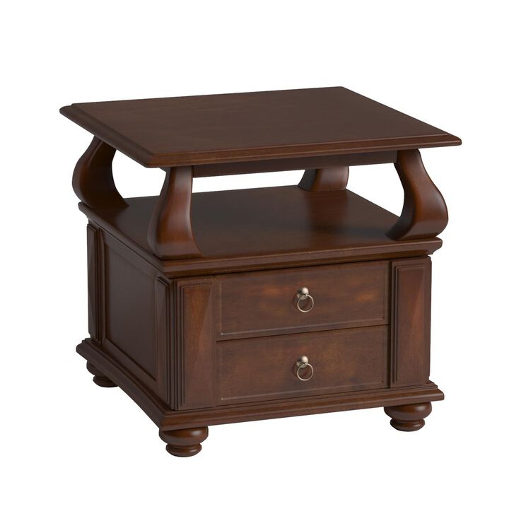 Traditional Solid Wood End Table &ndash; Square Shape with 2 Drawers and Shelf