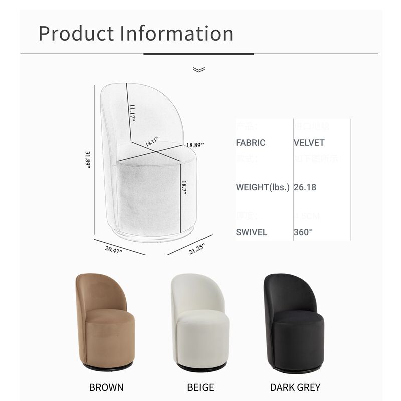 Modern Velvet Barrel Chair, 360&deg; Swivel Armless Accent Chair Side Chair image number 3