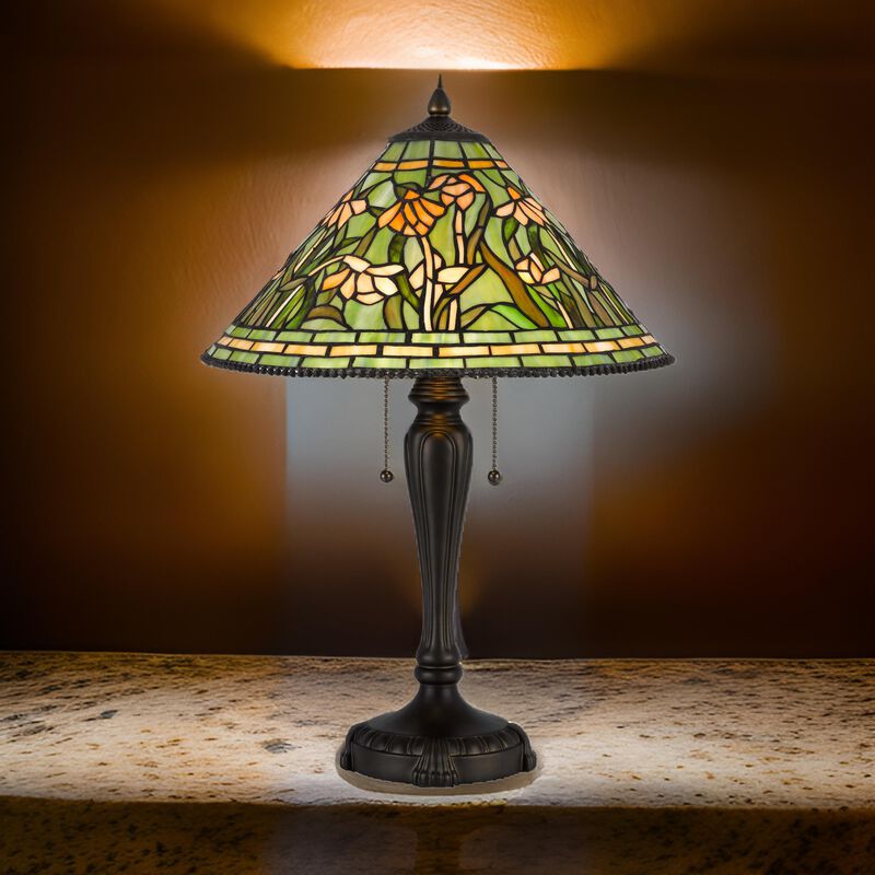 24 Inch Table Lamp, Floral Tiffany Style Stained Glass, Bronze Resin - Benzara