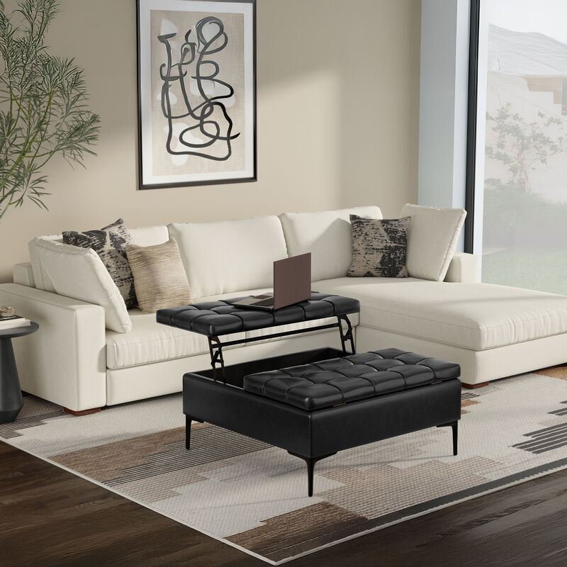 Laura 36 inch Wide Transitional Square Mid&nbsp;Century&nbsp;Lift Top Storage Ottoman in Midnight Black Vegan Faux Leather, Assembled image number 2