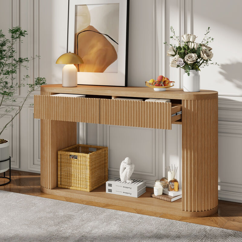 Merax Oval Fluted Rubber Wood Console Table with 2 Drawers & Open Bottom Shelf image number 2