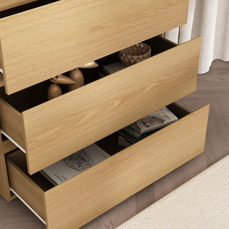 FUFU&GAGA 3-Drawer Wood Grain Nightstand with Slanted Fronts and No Handles, Rustic Bedside Storage Cabinet (32.3 in. H x 30.3 in. W x 15.7 in. D), Oak Wood Finish