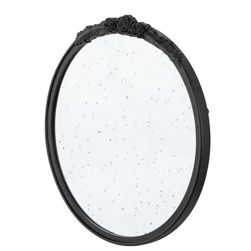 HomeRoots 30" Black Crowned Top Antiqued Glass Round Framed Accent Mirror image number 4