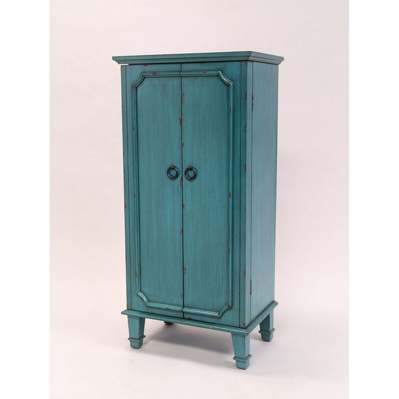 Tall Wooden Jewelry Chest with Multiple Drawers and Turquoise Detailing