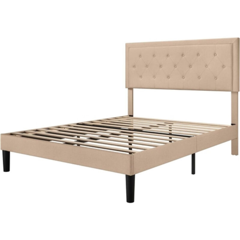 Modern Linen Platform Bed – Button Tufted Headboard and Low Profile Frame Design
