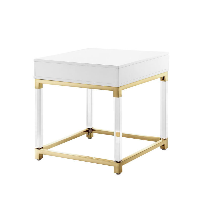 HomeRoots 24" Wood Acrylic and Stainless Steel Square End Table With Drawer image number 4