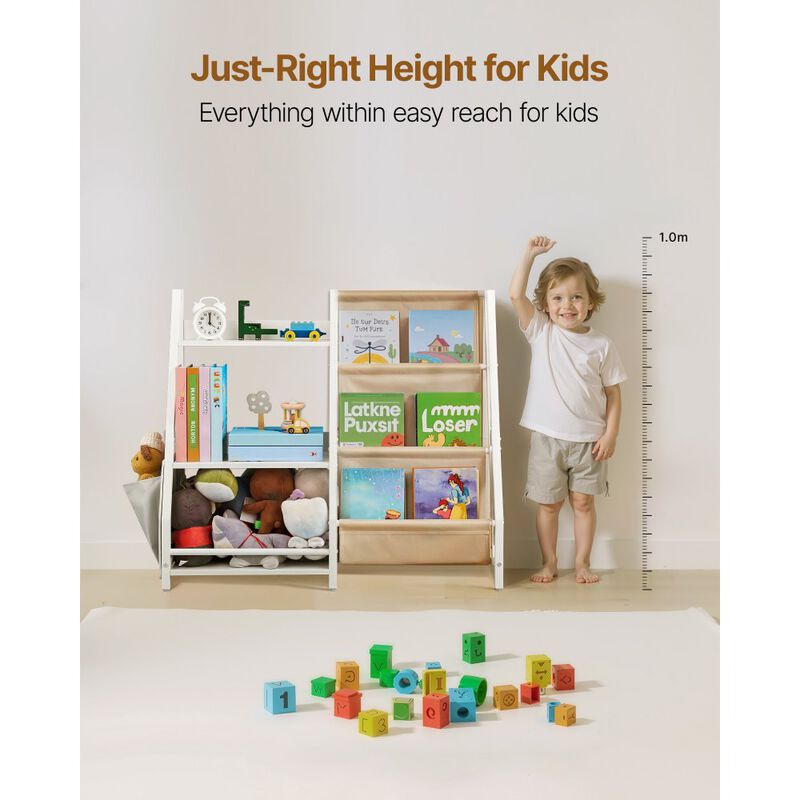 3-Tier White Kids Bookshelf with Sling Book Rack and Toy Storage Organizer image number 6