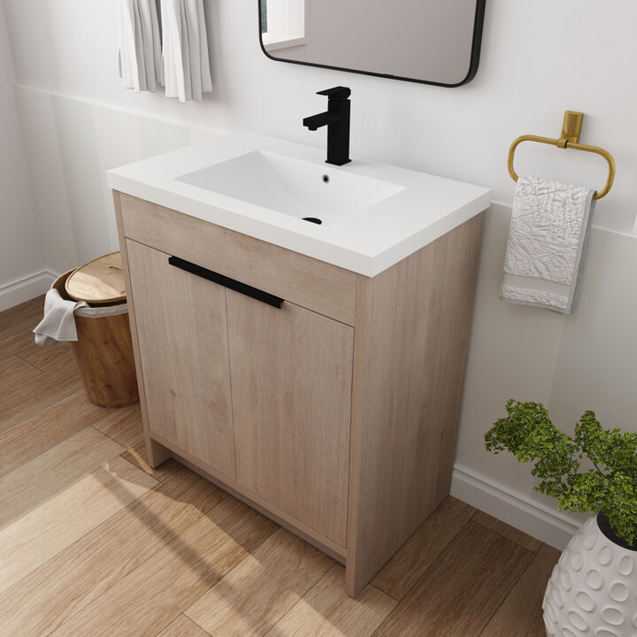 30 Inch Freestanding Bathroom Vanity with White Resin Sink & 2 Soft-Close Cabinet Doors (BVB02430PLO-GRB3040)