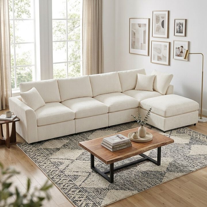 Merax Chenille Sectional Sofa with Detachable Ottoman, High-Density Foam & Pocket Springs